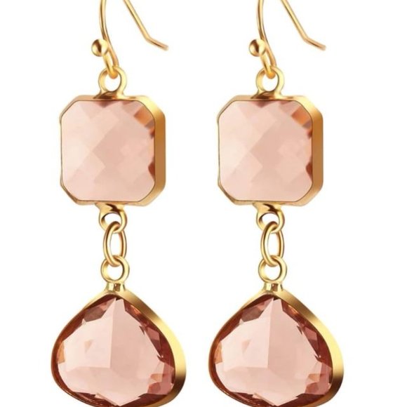 Pink Crystal & Goldtone Square Triangle Drop Earrings - Picture 3 of 5